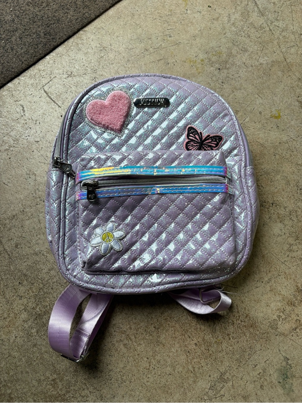 Justice Quilted Shimmer Backpack in Lilac with Pink Heart & Butterfly